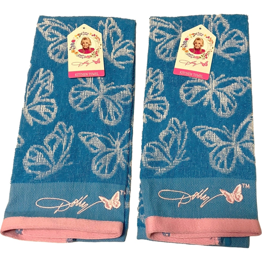 Dolly Parton Butterfly Kitchen Towels Set of 2 Teal Blue Pink 100% Cotton NWT